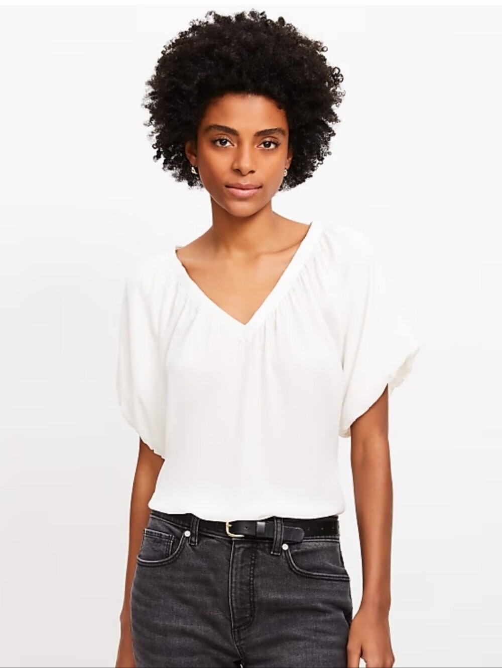 LOFT White Gathered V-Neck Blouse - Women's Top- SZ L